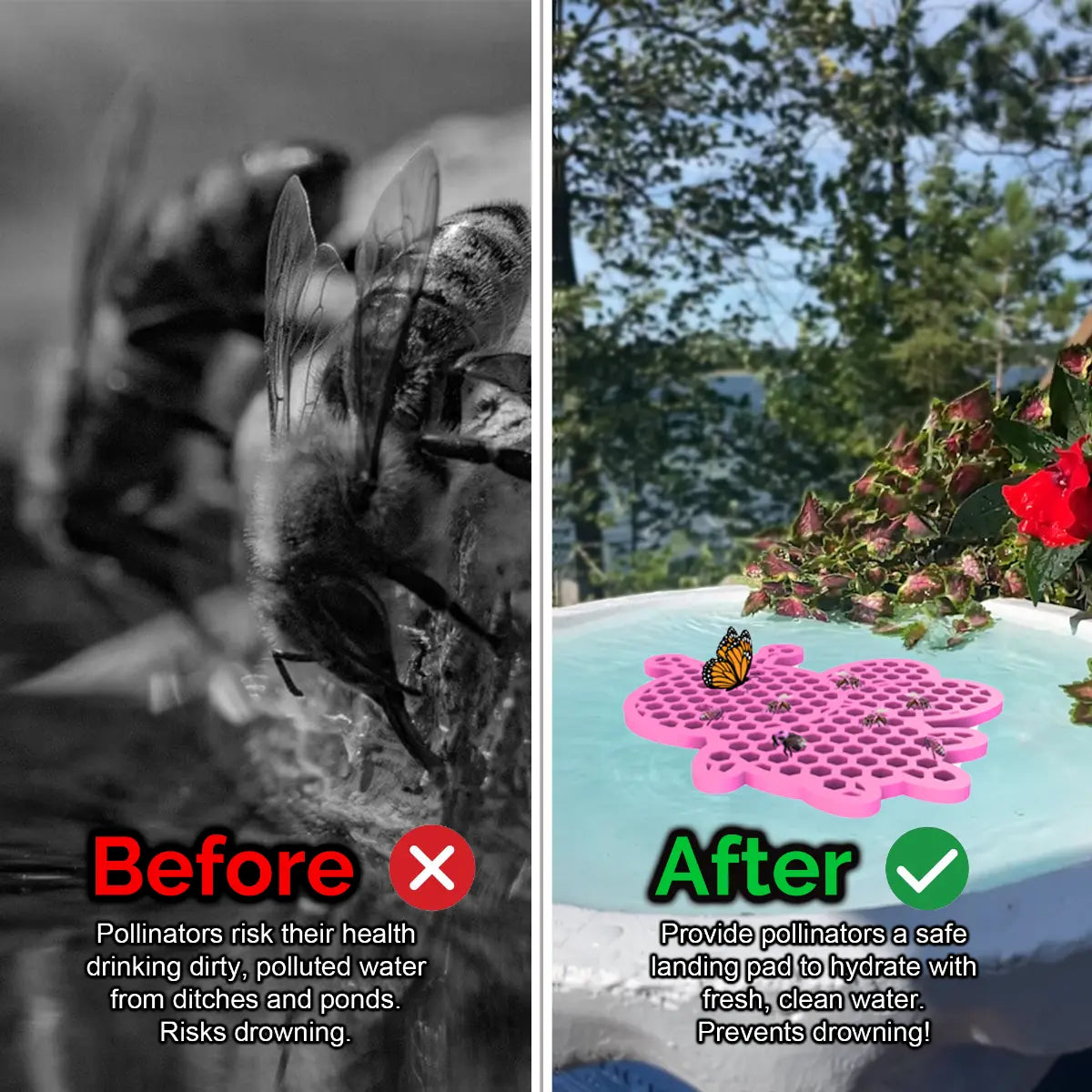 Before and after comparison of a bee drinking from dirty water and a butterfly on a clean water source and a pink honeybee-shaped bee pontoon (bee watering station) with flowers.