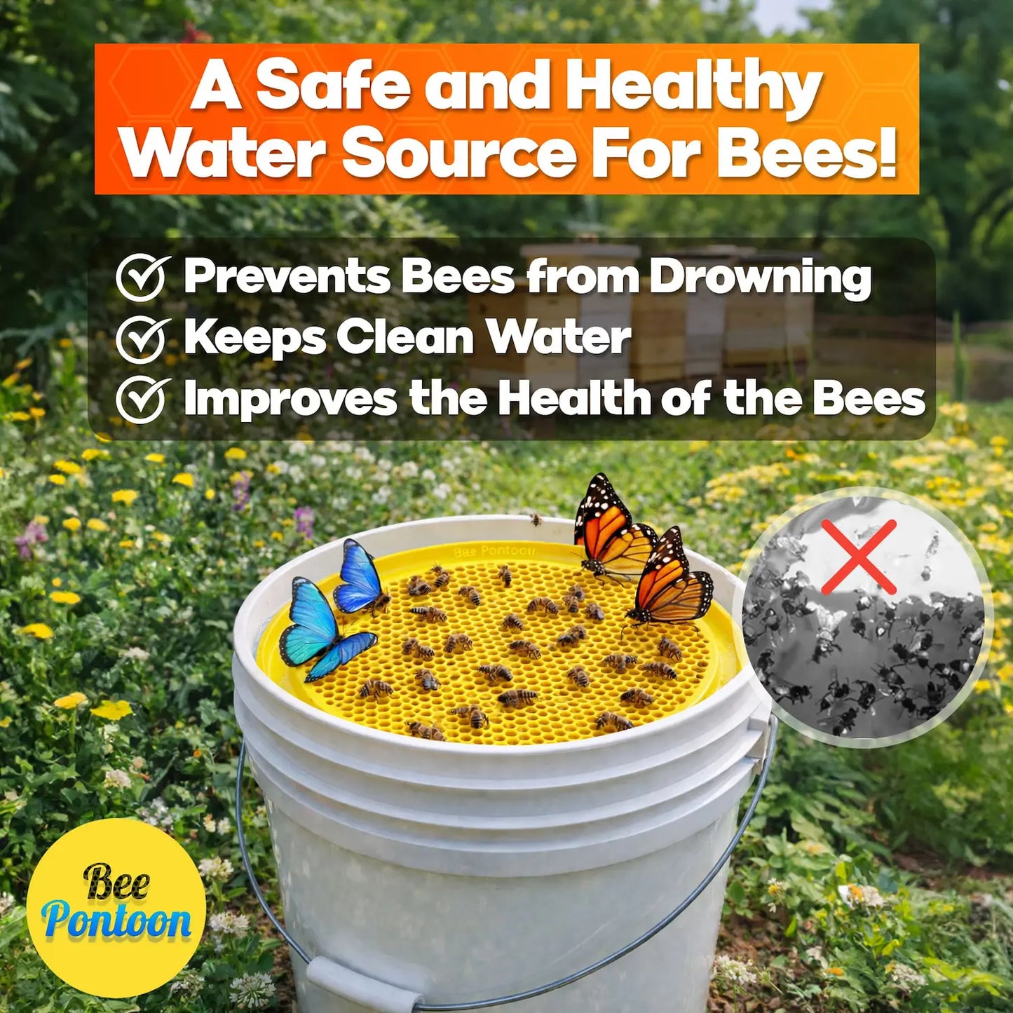 Bee Pontoon product with bees on it in a 5-gallon bucket, set against a natural background with the title "A Safe and Healthy Water Source for Bees"