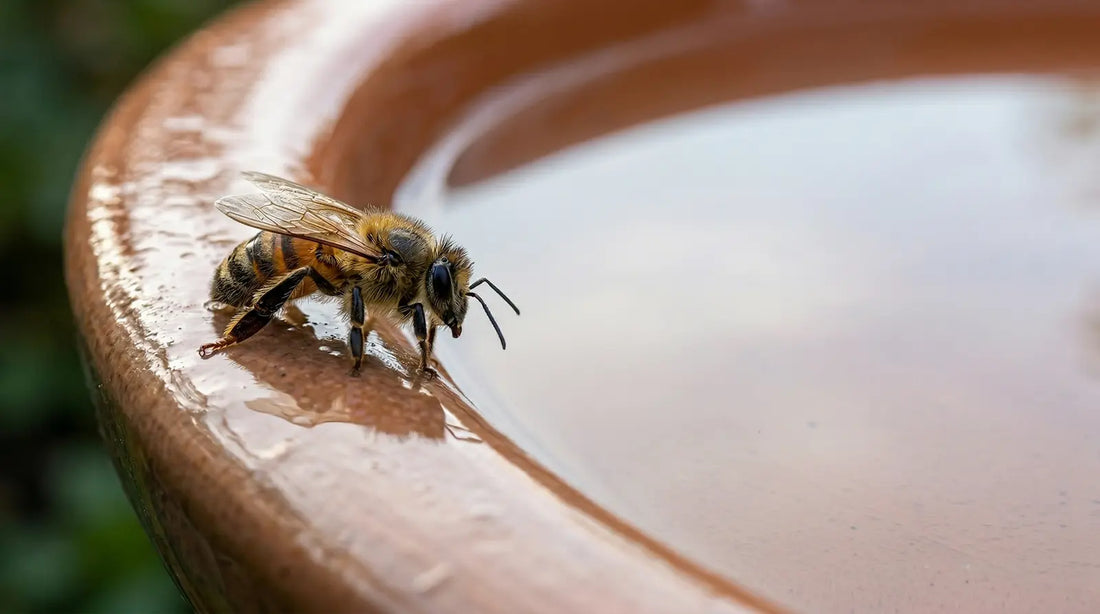 A honeybee perched on the slippery rim of a glazed terracotta birdbath, illustrating the common drowning risk for pollinators in deep water features.