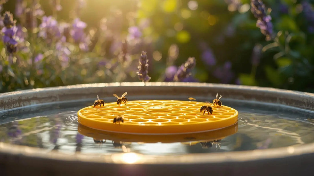 Yellow Bee Pontoon floating bee watering station in a ceramic bird bath, providing a safe landing zone for honey bees to hydrate in a pollinator-friendly garden.