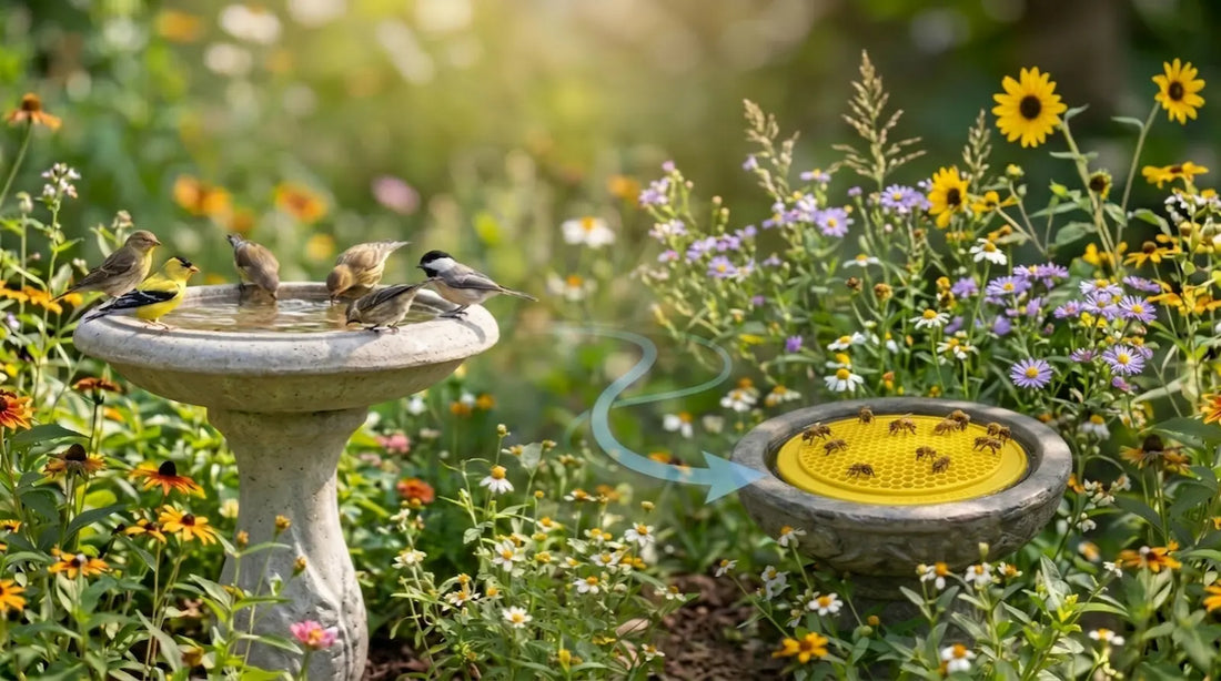 Garden birds drinking from a stone bird bath while a curved arrow redirects honeybees to a separate, smaller basin containing a yellow Bee Pontoon watering station in a lush garden.
