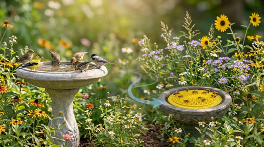 Garden birds drinking from a stone bird bath while a curved arrow redirects honeybees to a separate, smaller basin containing a yellow Bee Pontoon watering station in a lush garden.