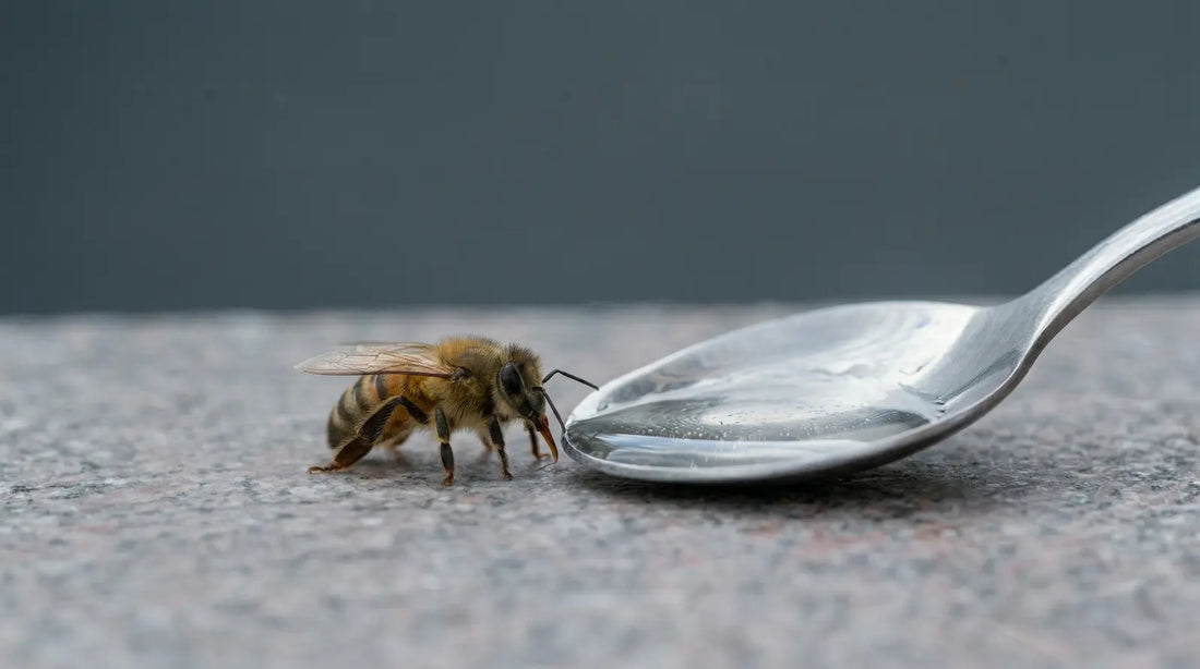 Close-up macro photo of a honeybee drinking from a drop of clear sugar water held in a silver teaspoon on a textured granite surface.