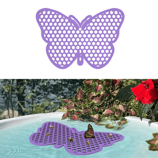 A purple butterfly-shaped bee watering station (bee pontoon) in a birdbath against a flower background.