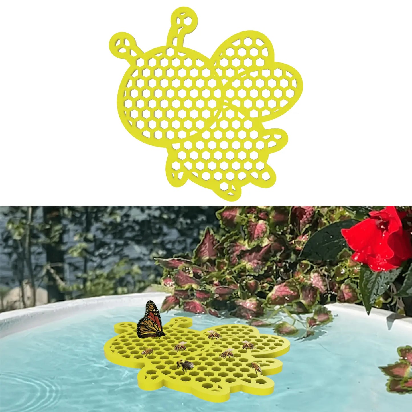 Yellow honeybee-shaped bee pontoon with a real butterfly on the bee watering station edge.