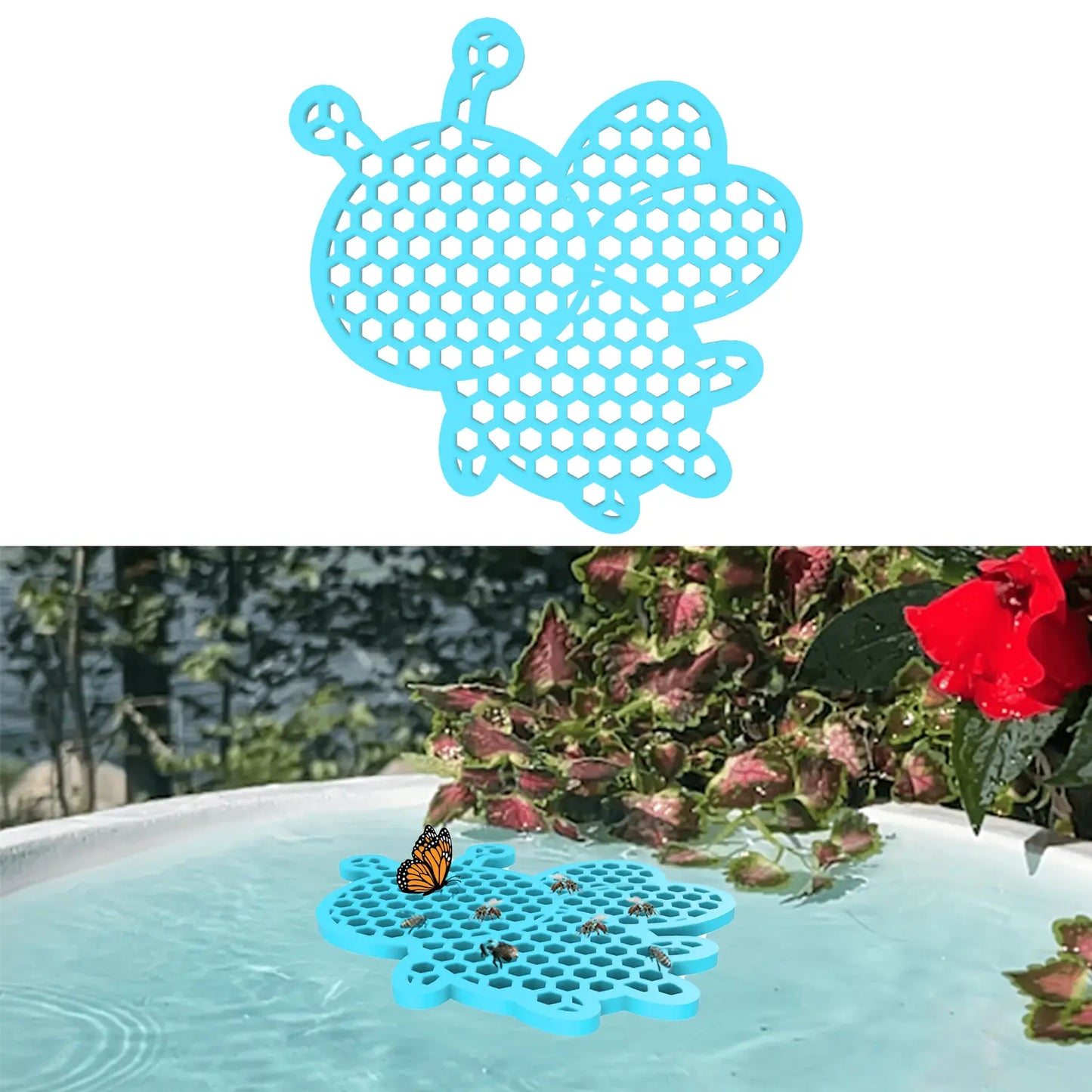 A blue honeybee-shaped bee pontoon with a real butterfly on the bee watering station edge.