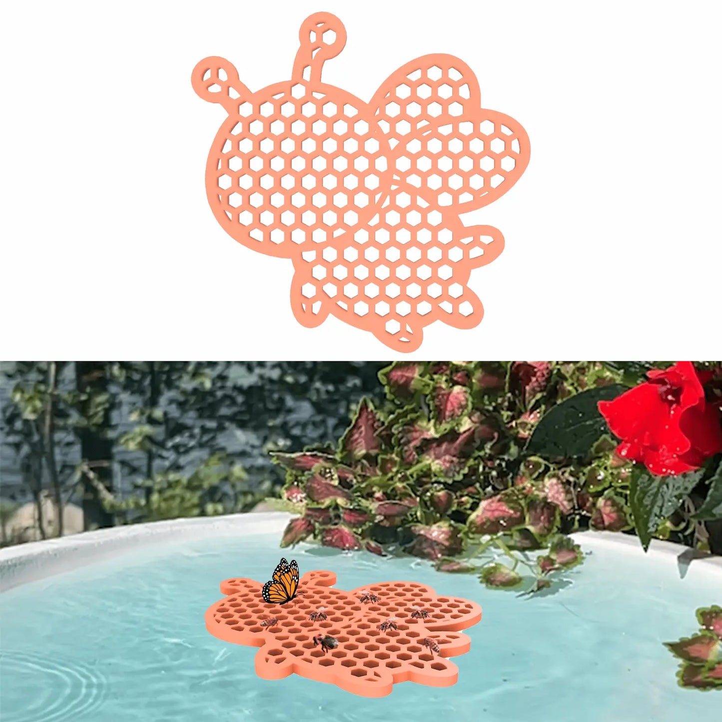 An orange honeybee-shaped bee pontoon with a real butterfly on the bee watering station edge.