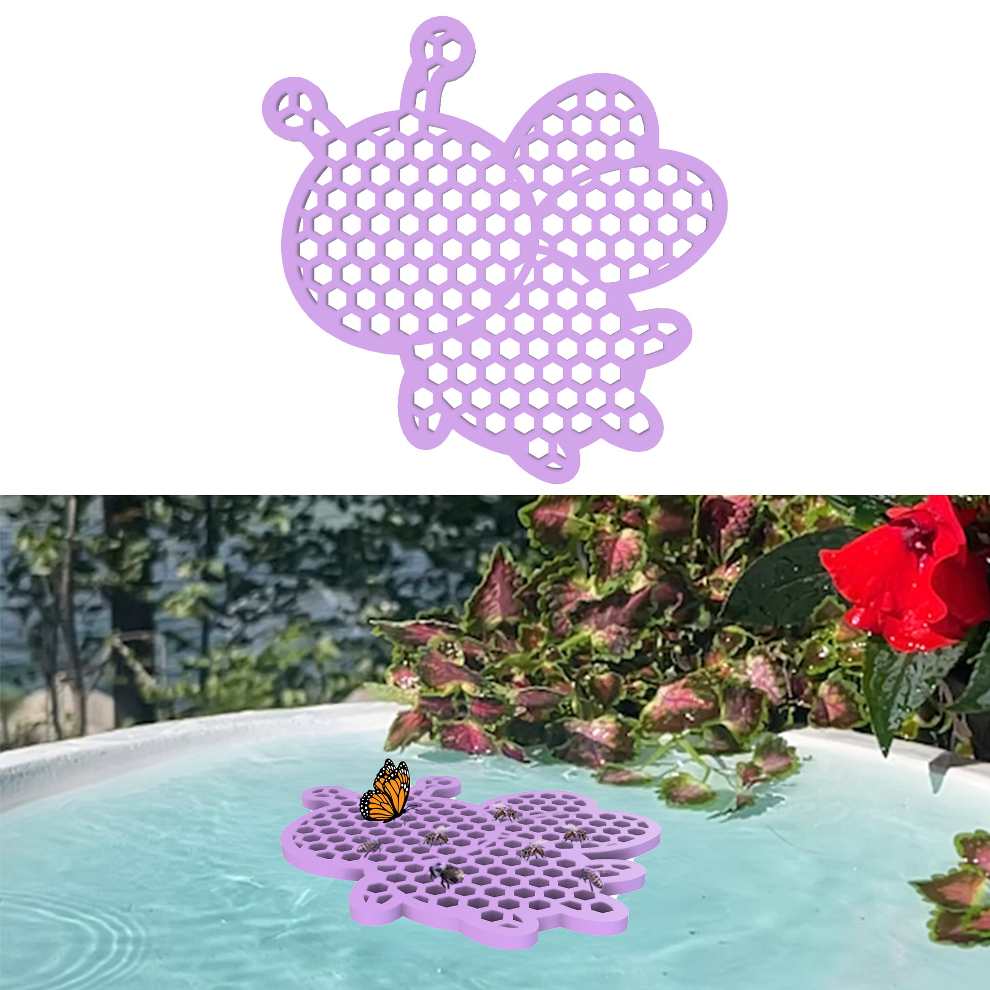 A purple honeybee-shaped bee watering station (bee pontoon) in a birdbath against a flower background.