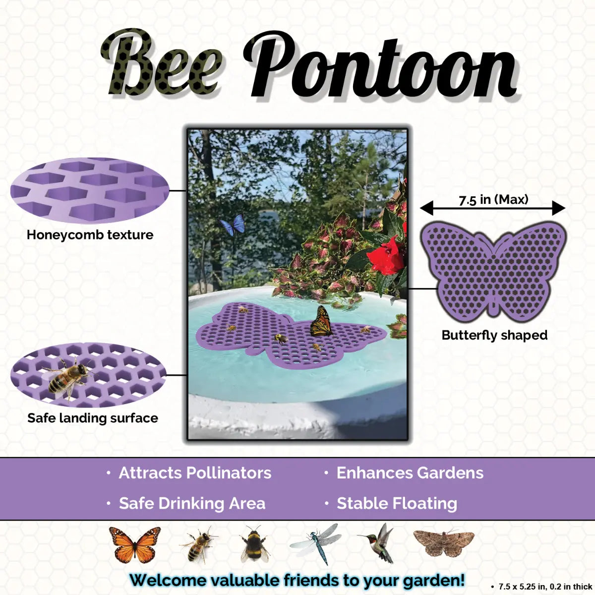 A purple Bee Pontoon product with honeycomb texture, butterfly shape, and safe landing surface on a white background.