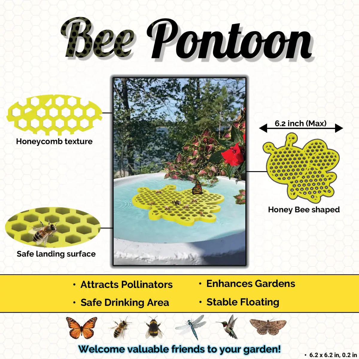 A yellow Bee Pontoon product with honeycomb texture, safe landing surface, and a honeybee shape on a white background.