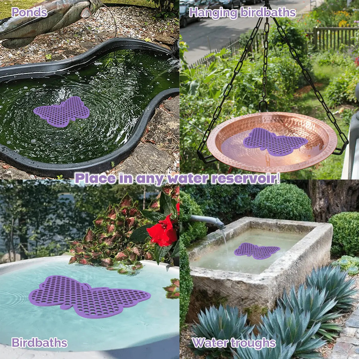 The artwork features a collage of various water reservoirs, each containing a purple butterfly-shaped bee watering station, along with text labels.