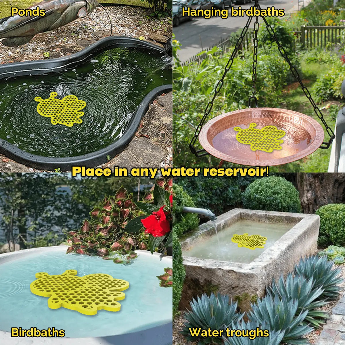 The artwork features a collage of various water reservoirs, each containing a yellow honeybee-shaped bee watering station, along with text labels.
