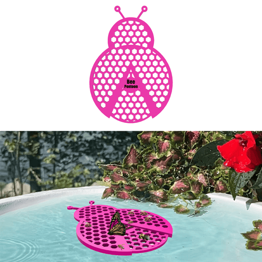 Pink ladybug-shaped bee watering station (bee pontoon) in a birdbath against a flower background.