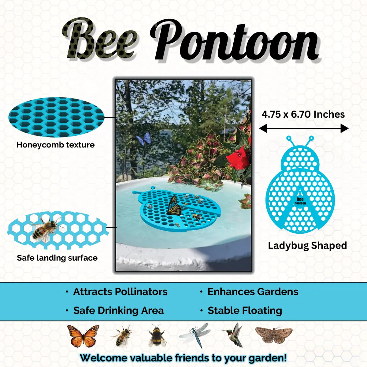 A blue Bee Pontoon product with honeycomb texture, safe landing surface, and ladybug shape on a white background.