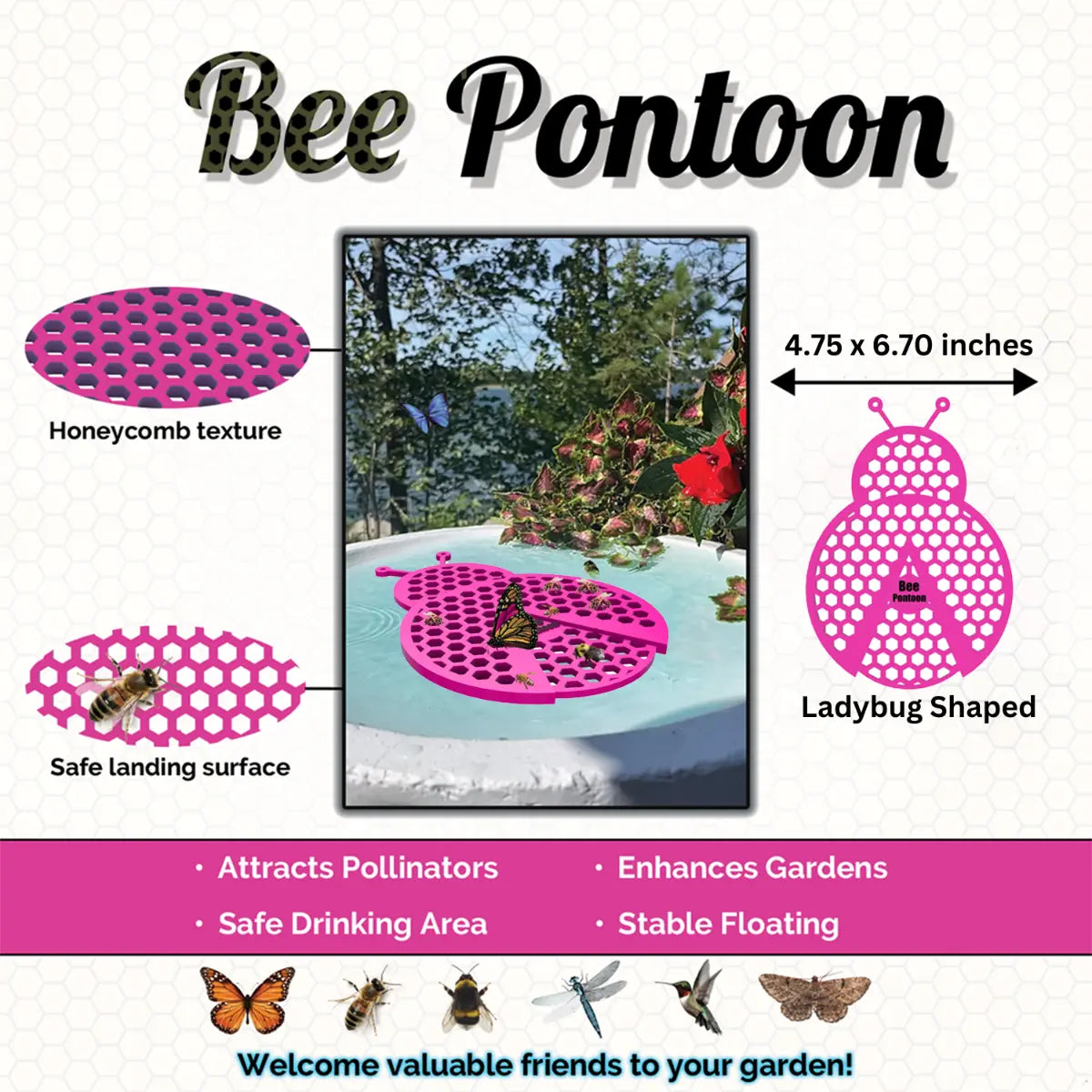A pink Bee Pontoon product with honeycomb texture, ladybug shape, and text highlighting features.