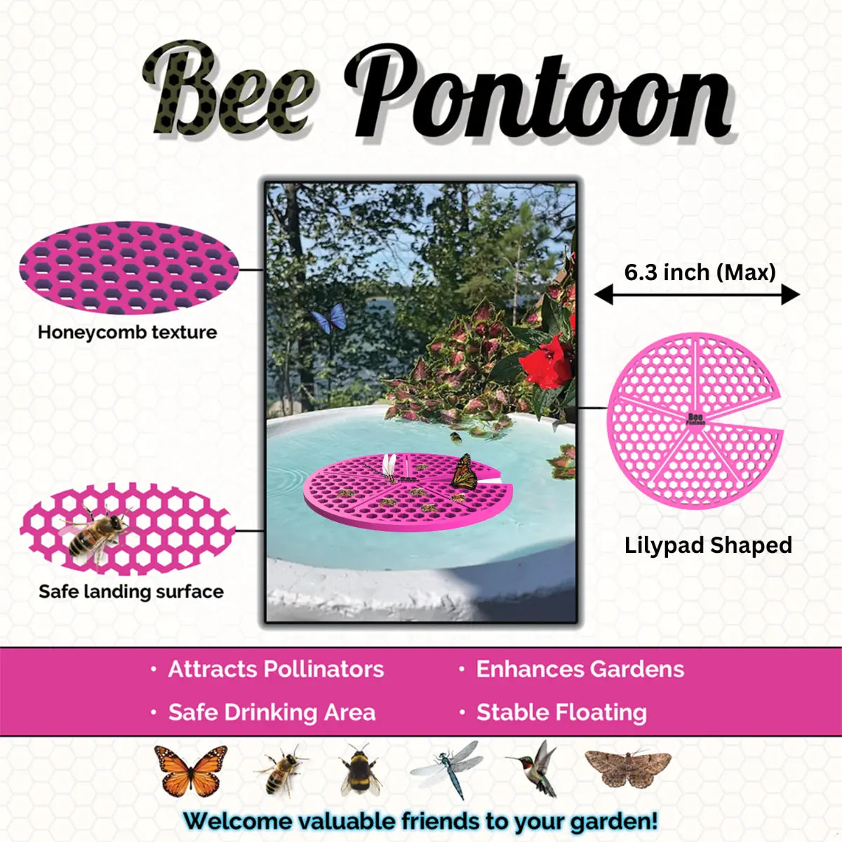 A pink Bee Pontoon product with honeycomb texture, lilypad shape, and text highlighting features.
