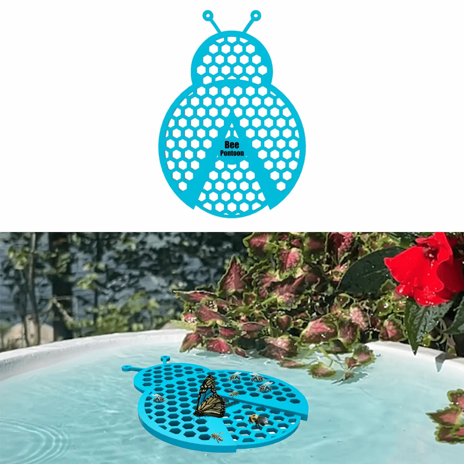 A blue ladybug-shaped bee watering station (bee pontoon) in a birdbath against a flower background.