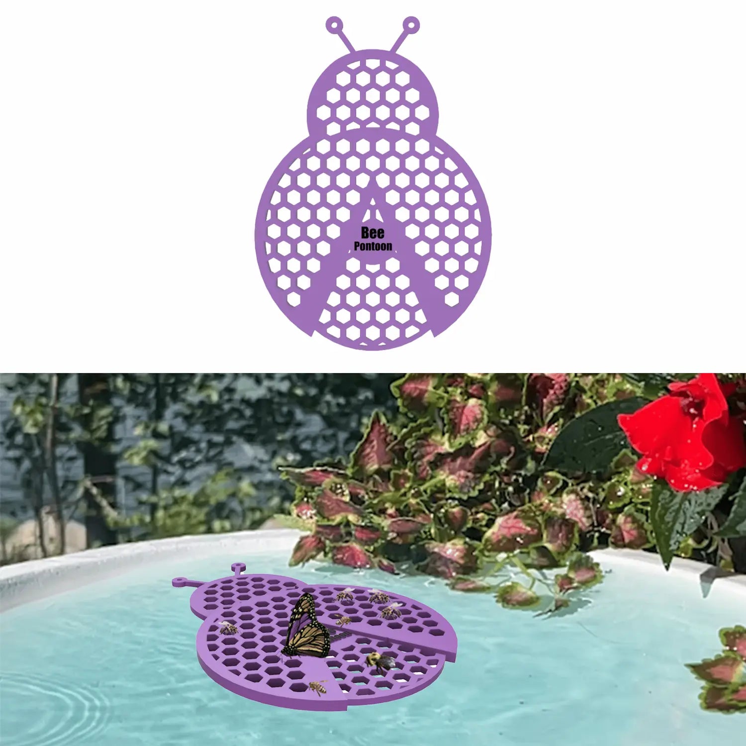 A purple ladybug-shaped bee watering station (bee pontoon) in a birdbath against a flower background.