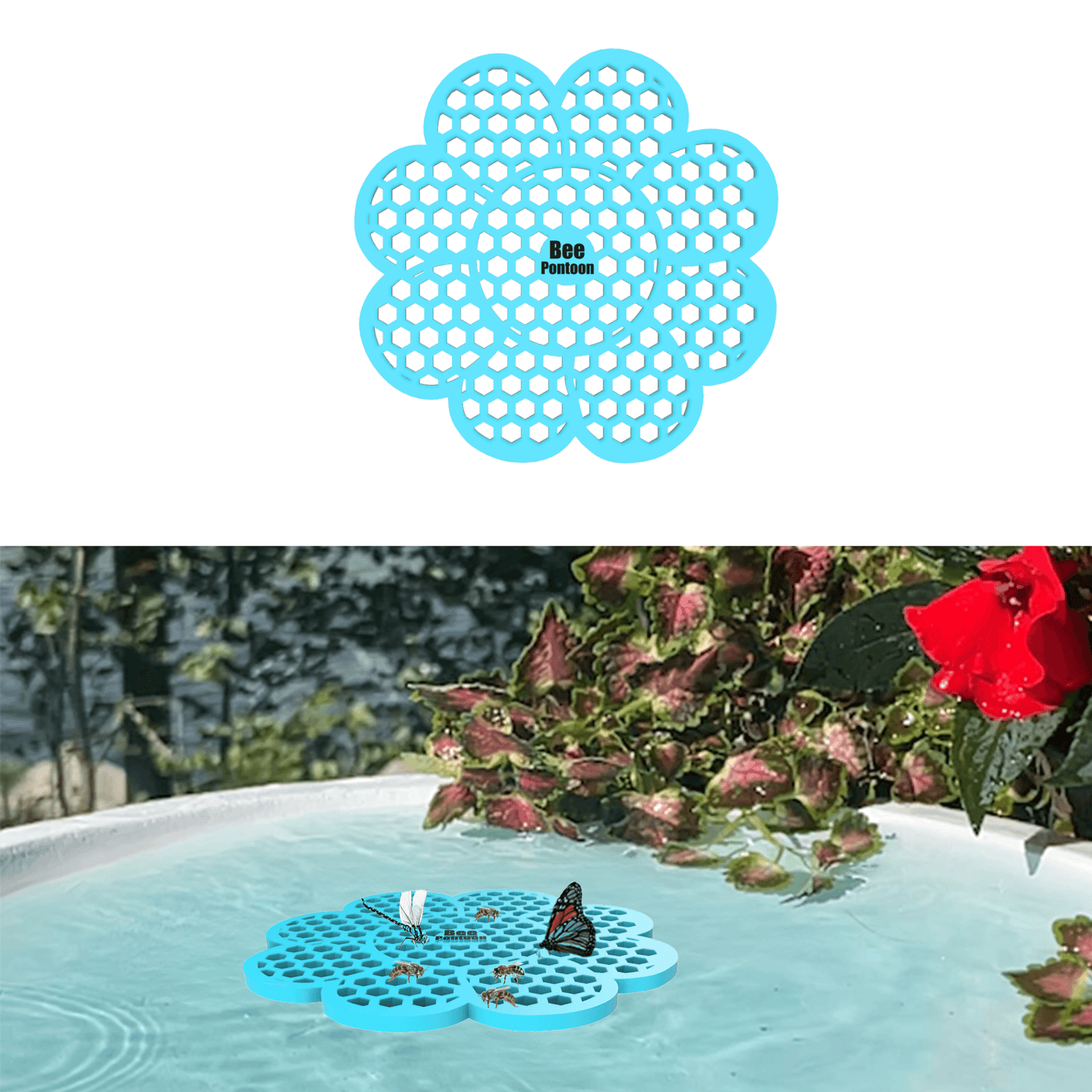 A blue flower-shaped bee watering station (bee pontoon) with holes on a white background, followed by its use in a birdbath with plants and flowers.