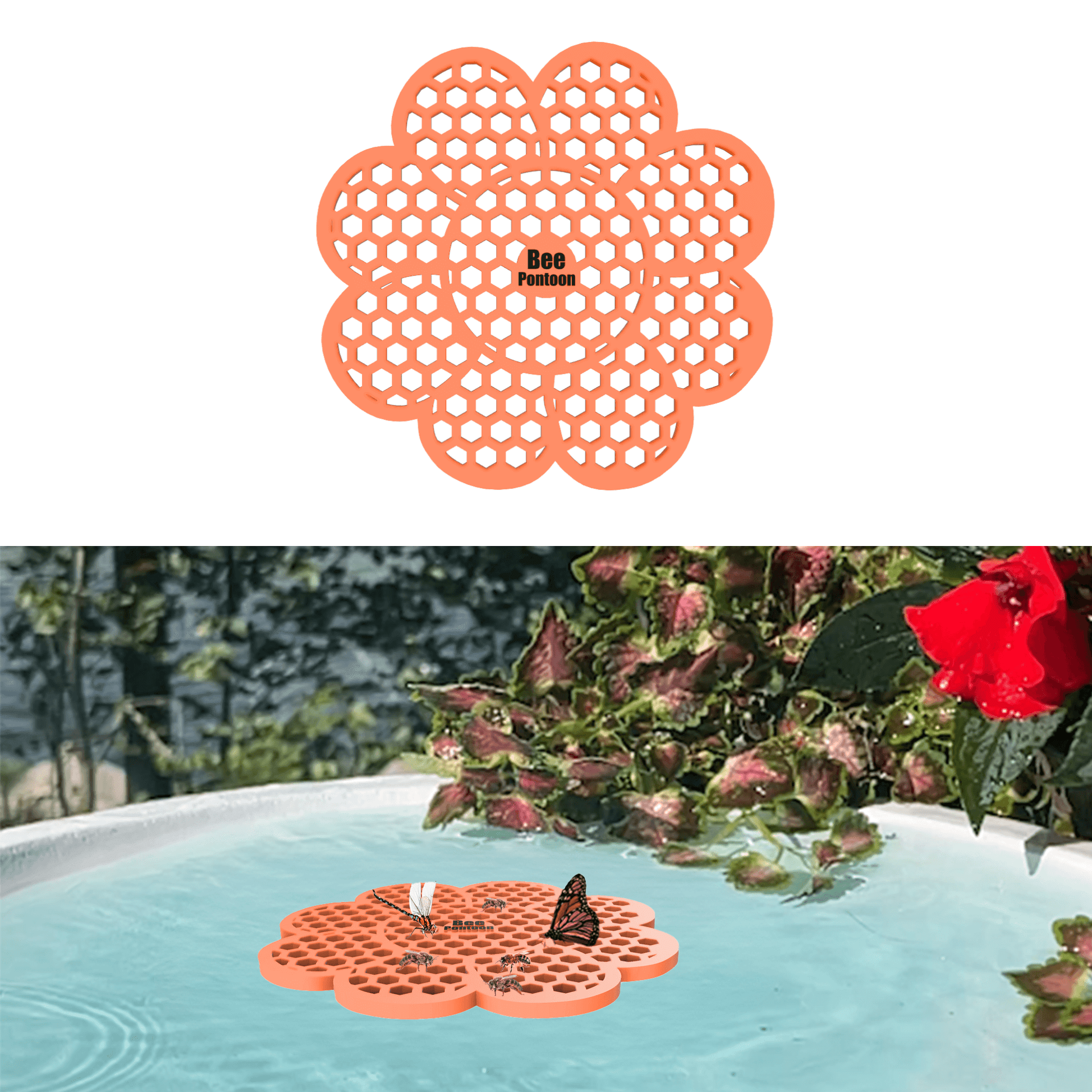 An orange flower-shaped bee watering station (bee pontoon) with holes on a white background, followed by its use in a birdbath with plants and flowers.