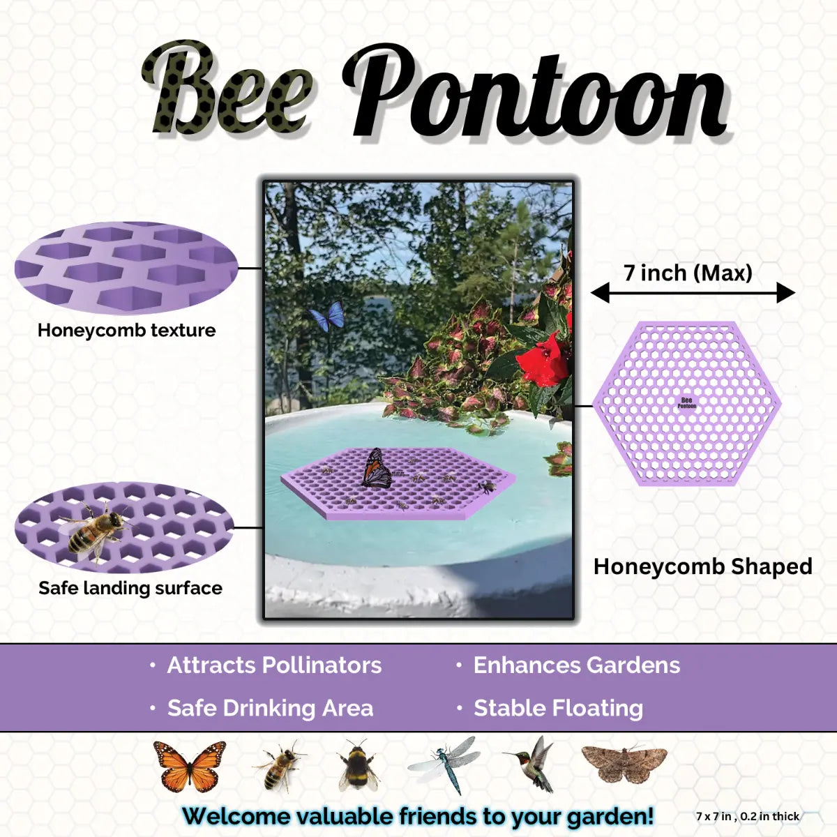 A purple honeycomb Bee Pontoon product with honeycomb texture, safe landing surface, and floating feature on a white background.
