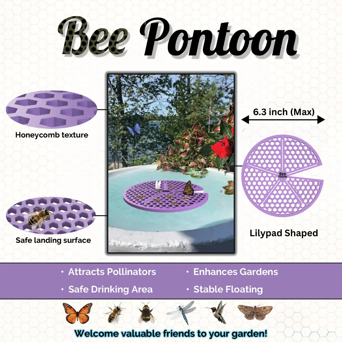 A purple Bee Pontoon product with honeycomb texture, safe landing surface, and lilypad shape on a white background.