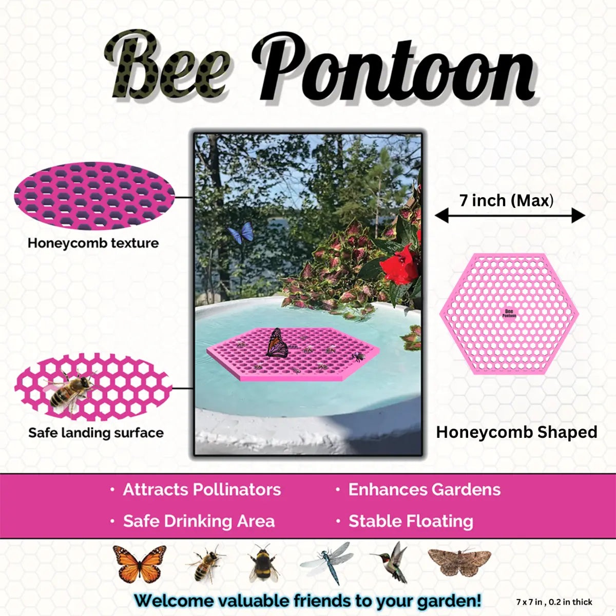 A honeycomb Bee Pontoon product with honeycomb texture, safe landing surface, and pink color on a white background.