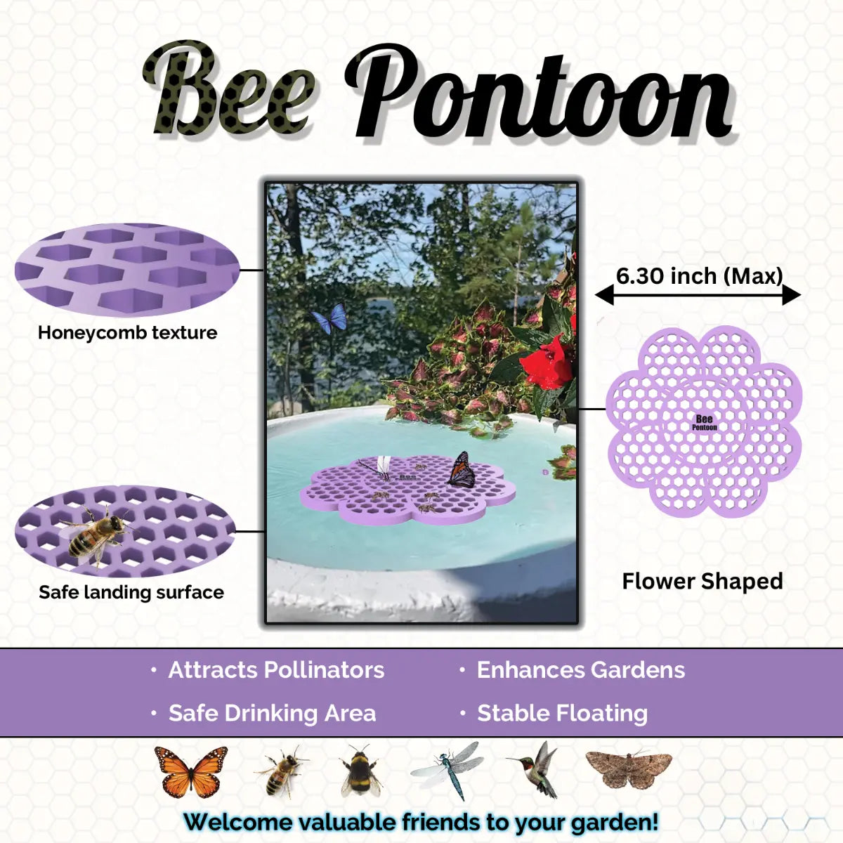 A purple Bee Pontoon product with honeycomb texture, safe landing surface, and flower-shaped design on a white background.