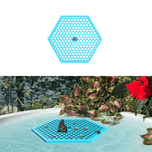 Blue hexagonal bee watering station (bee pontoon) with holes on a white background, followed by its use in a birdbath with plants and flowers.