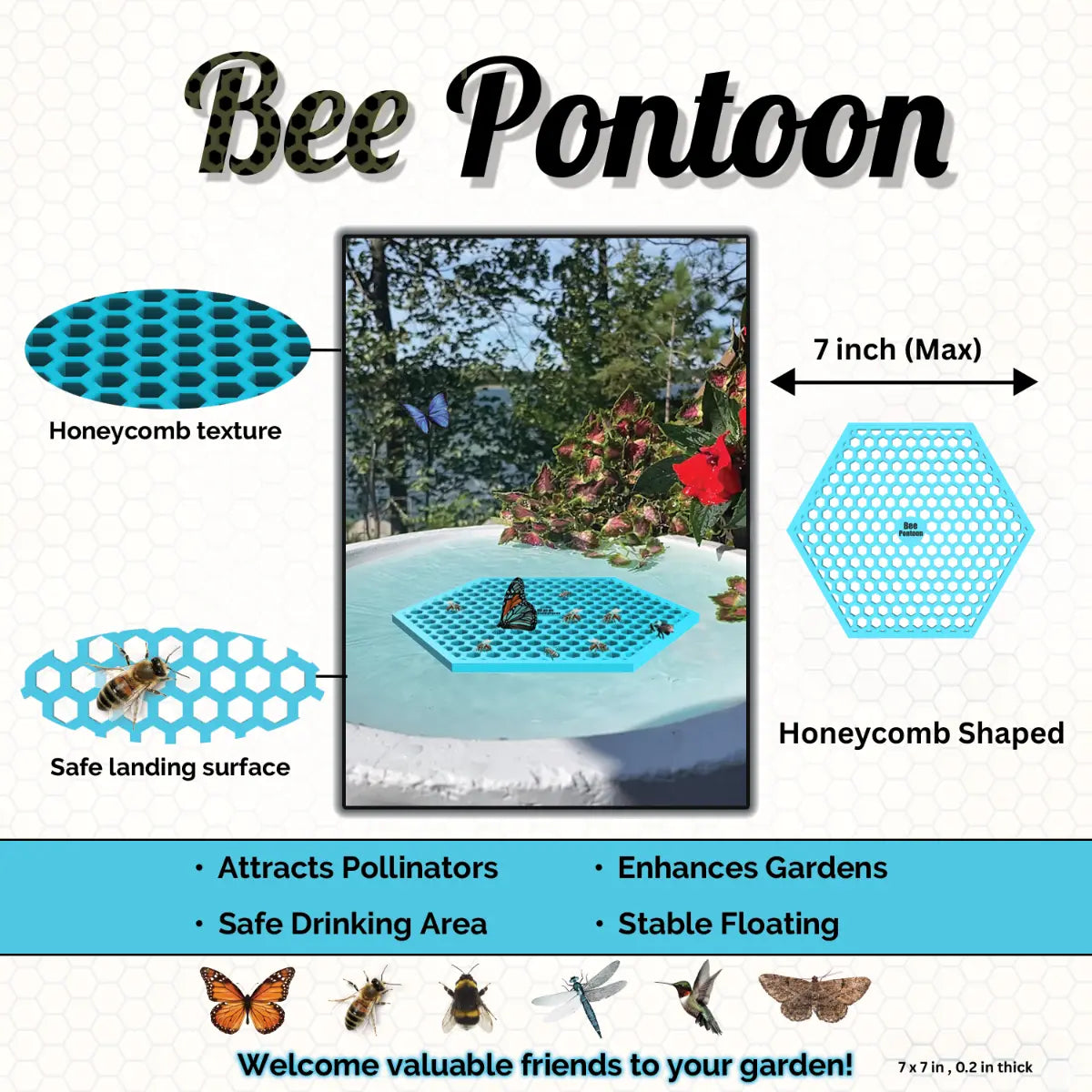 A blue Bee Pontoon product with honeycomb texture, safe landing surface, and text highlighting features.