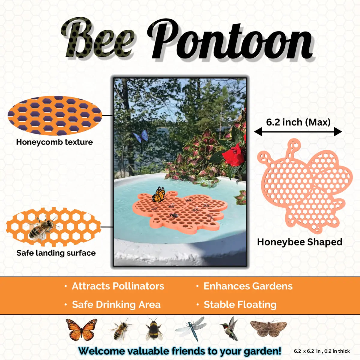 An orange Bee Pontoon product with honeycomb texture, safe landing surface, and honeybee shape on a white background.