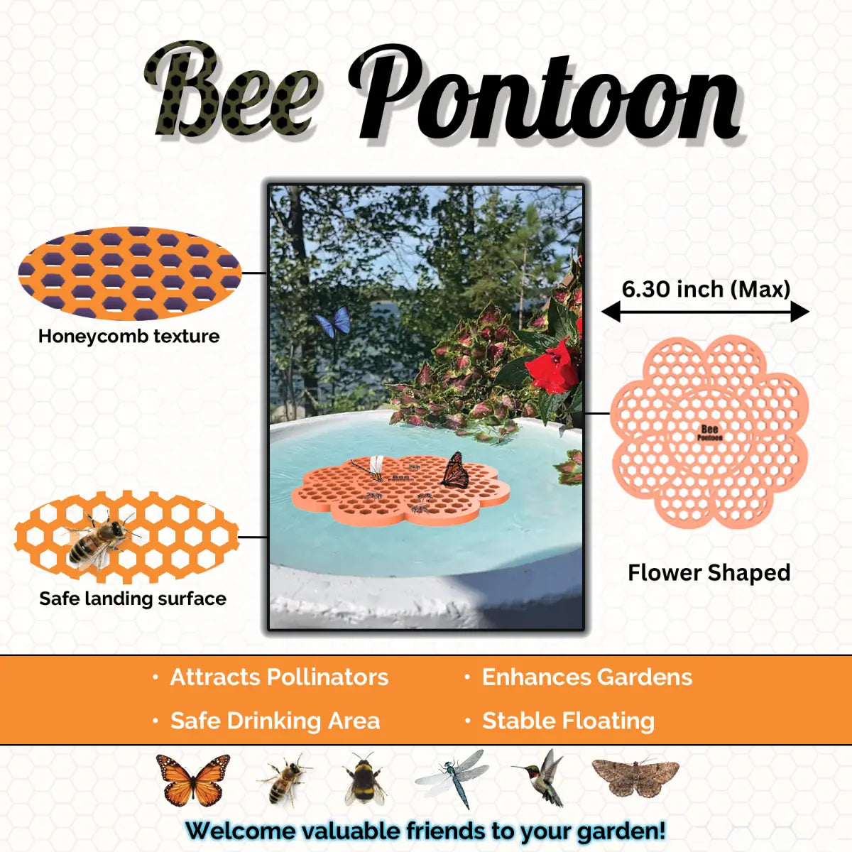 An orange Bee Pontoon product with honeycomb texture, safe landing surface, and flower-shaped design, featuring a butterfly on top.