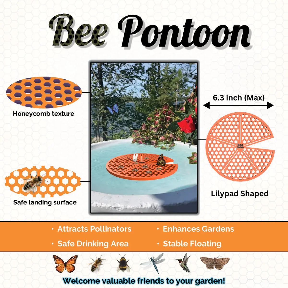 An orange Bee Pontoon product with honeycomb texture, safe landing surface, and lilypad shape features.