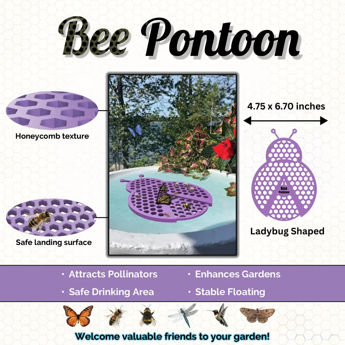 A purple bee pontoon product with honeycomb texture, safe landing surface, and ladybug shape on a white background.