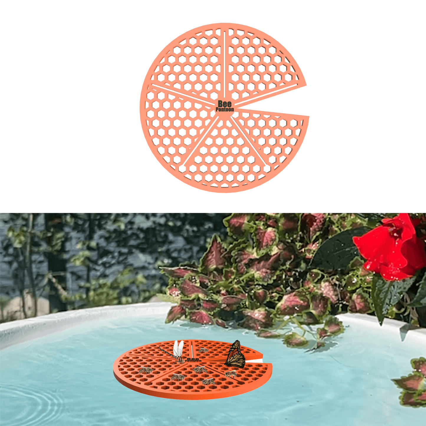An orange lily pad-shaped bee watering station (bee pontoon) in a birdbath against a flower background.