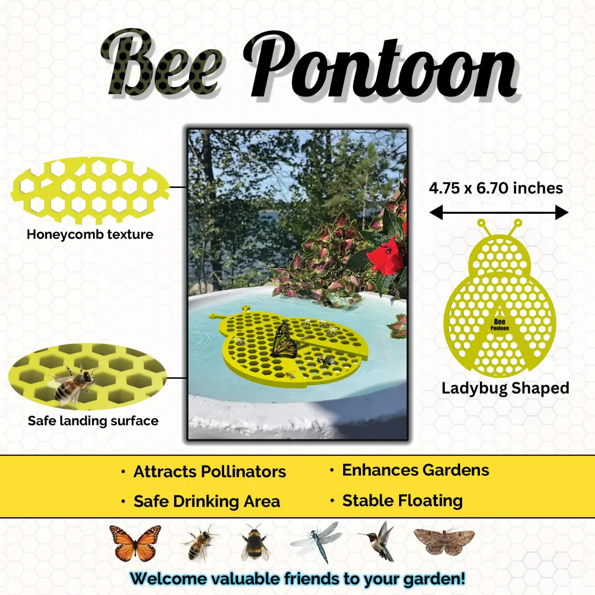 An yellow Bee Pontoon product with honeycomb texture, safe landing surface, and ladybug shape on a white background.