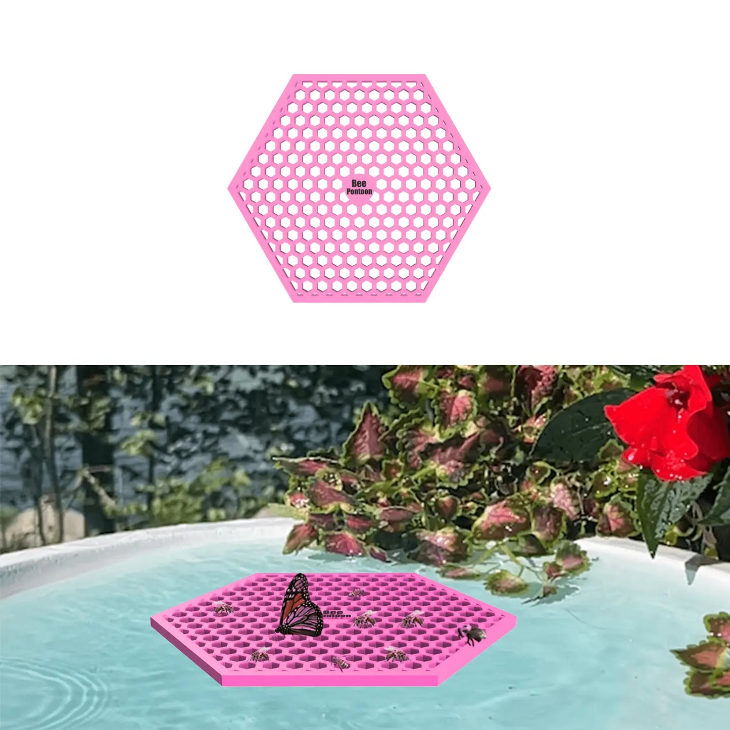 A pink honeycomb-shaped bee pontoon with a real butterfly on the bee watering station edge.