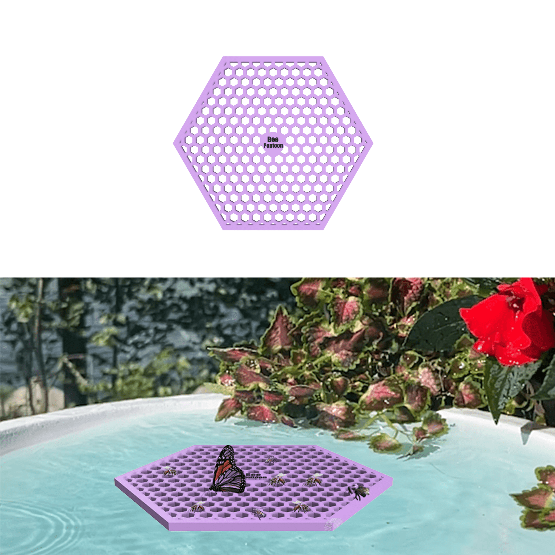 Purple hexagonal bee watering station (bee pontoon) with holes on a white background, followed by its use in a birdbath with plants and flowers.
