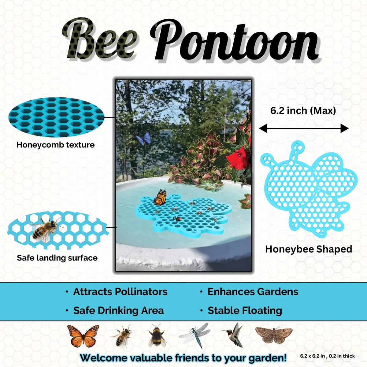 Blue honeybee-shaped bee pontoon product with honeycomb texture and safe landing surface on a white background.