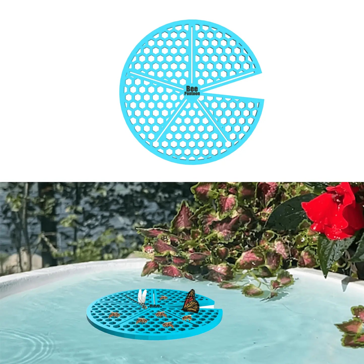 A blue lilypad -shaped bee pontoon with a real butterfly on the bee watering station edge.