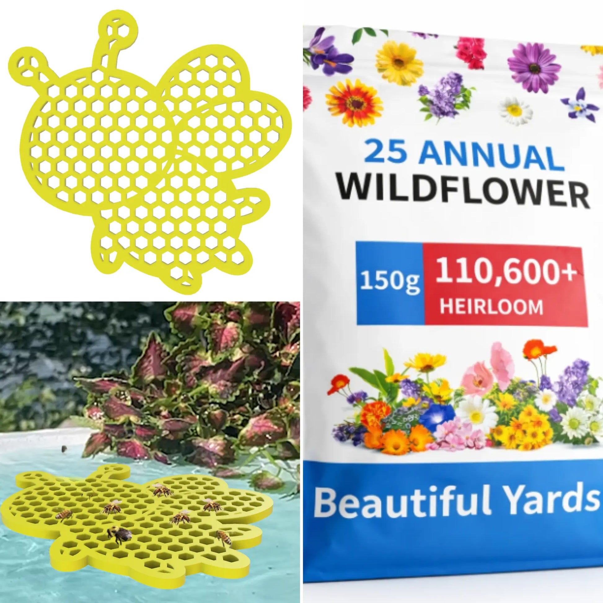 yellow bee watering station—honeybee-shaped and a bag of annual wildflower seeds