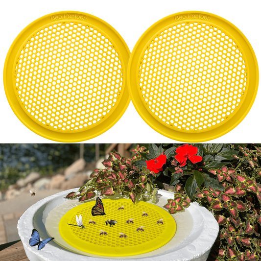 Two yellow round plastic bee watering stations with honeycomb pattern on a white and flowers background