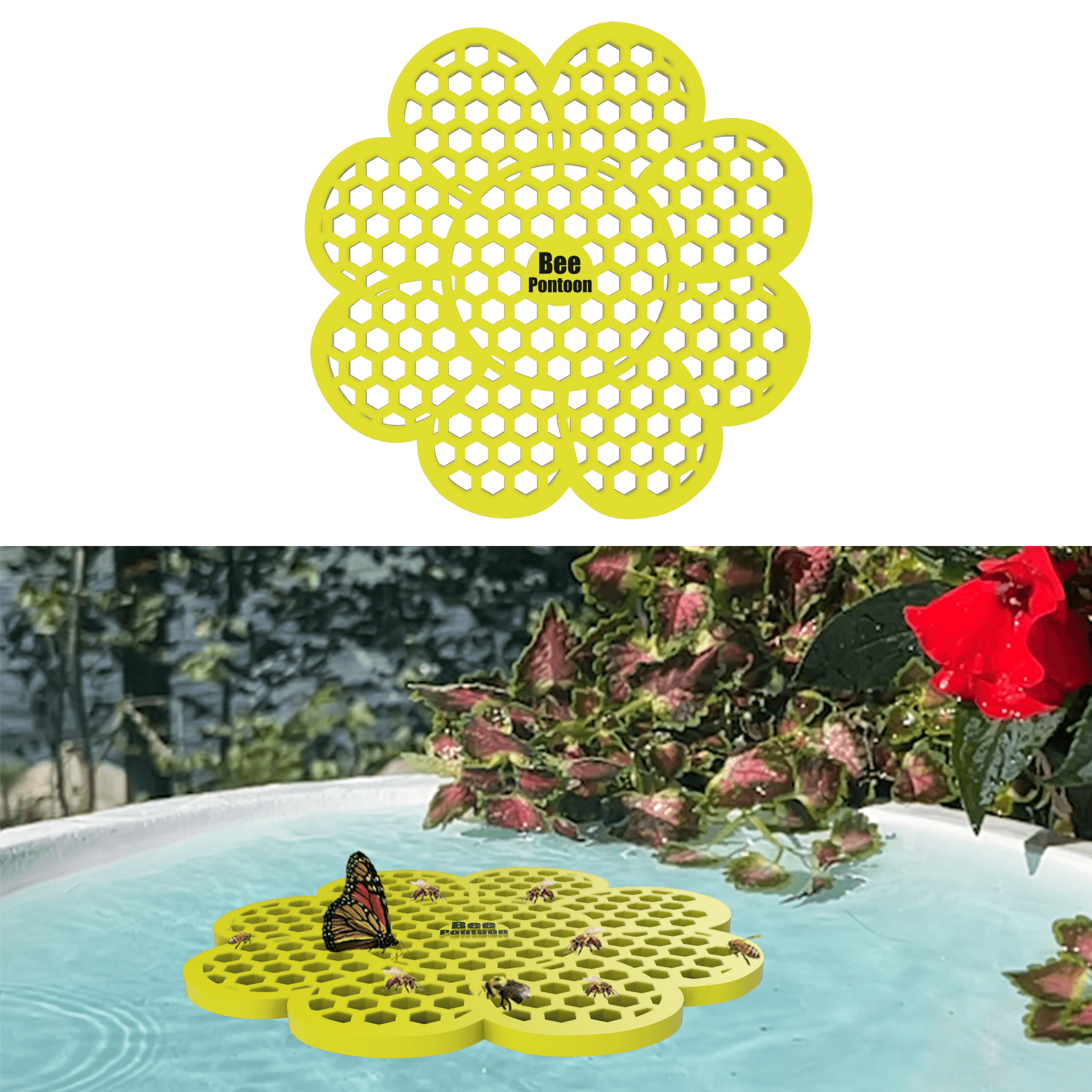 A yellow flower-shaped bee watering station (bee pontoon) with holes on a white background, followed by its use in a birdbath with plants and flowers.