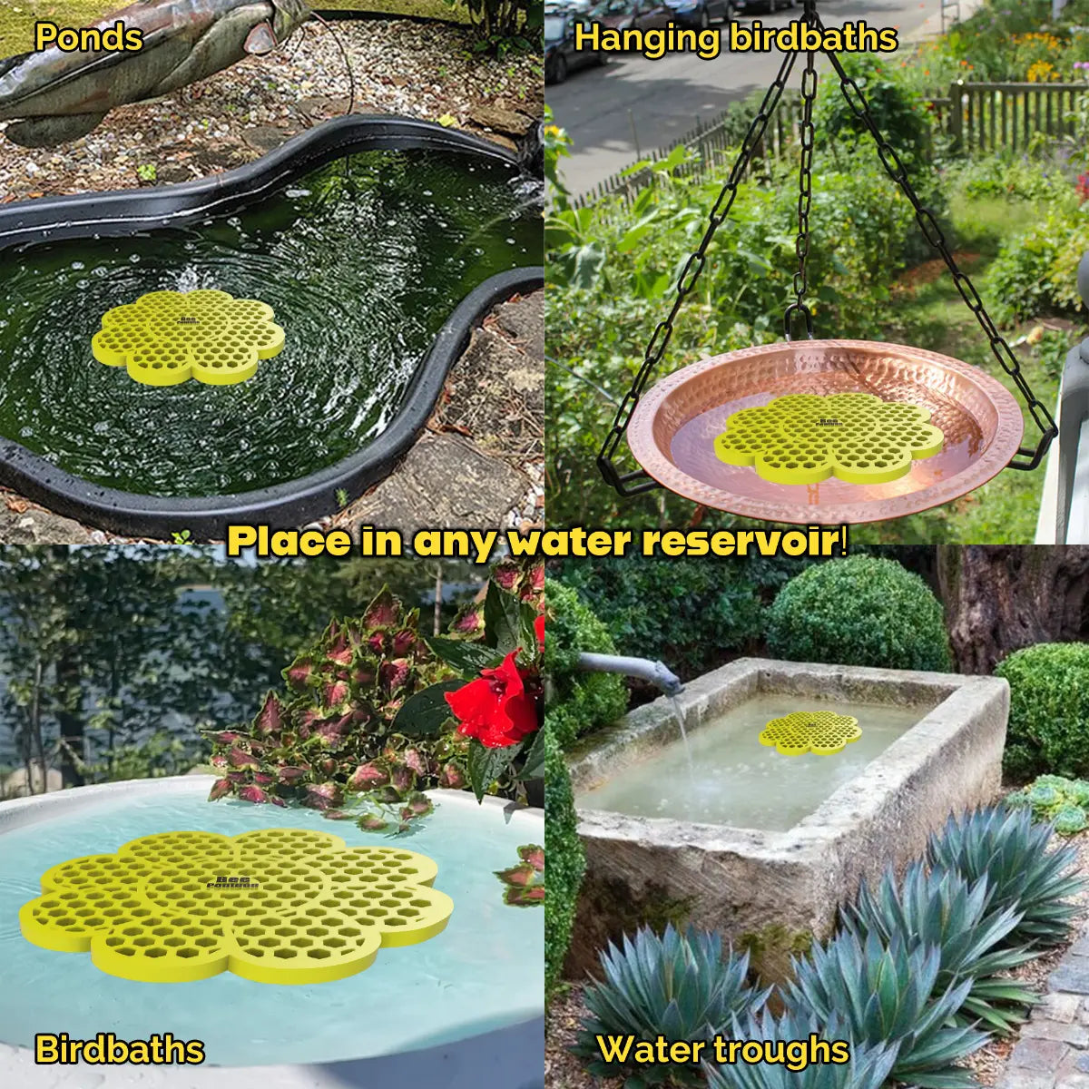 The artwork features a collage of various water reservoirs, each containing a yellow flower-shaped bee watering station, along with text labels.