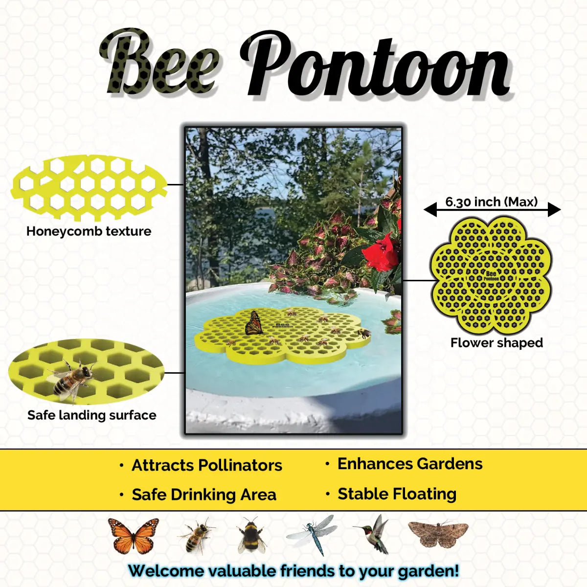 A yellow Bee Pontoon product with honeycomb texture, safe landing surface, and flower shape on a white background.