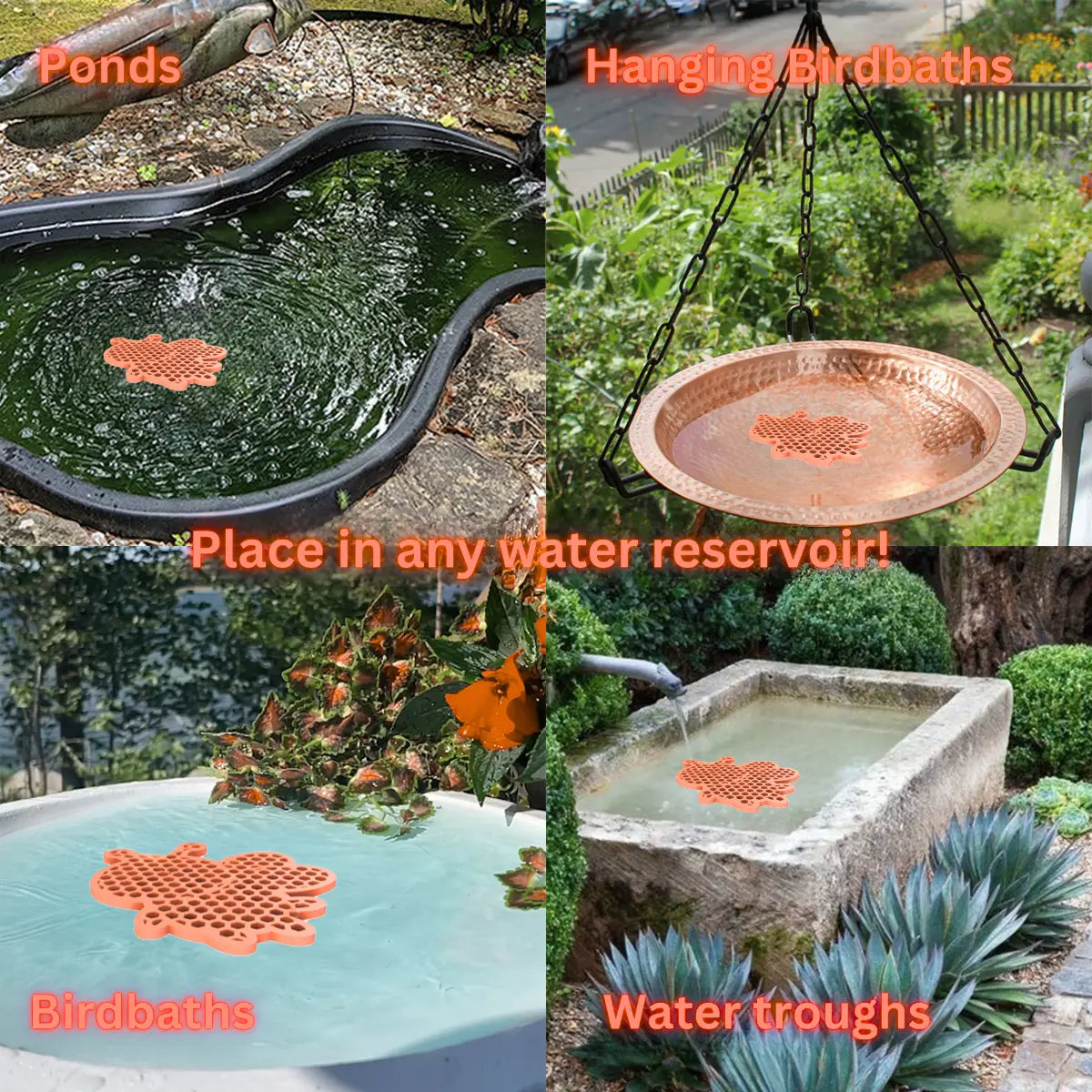 The artwork features a collage of various water reservoirs, each containing an orange honeybee-shaped bee watering station, along with text labels.