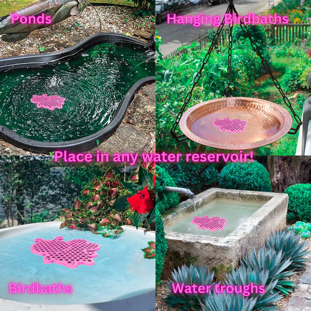 The artwork features a collage of various water reservoirs, each containing a pink honeybee-shaped watering station, along with text labels.