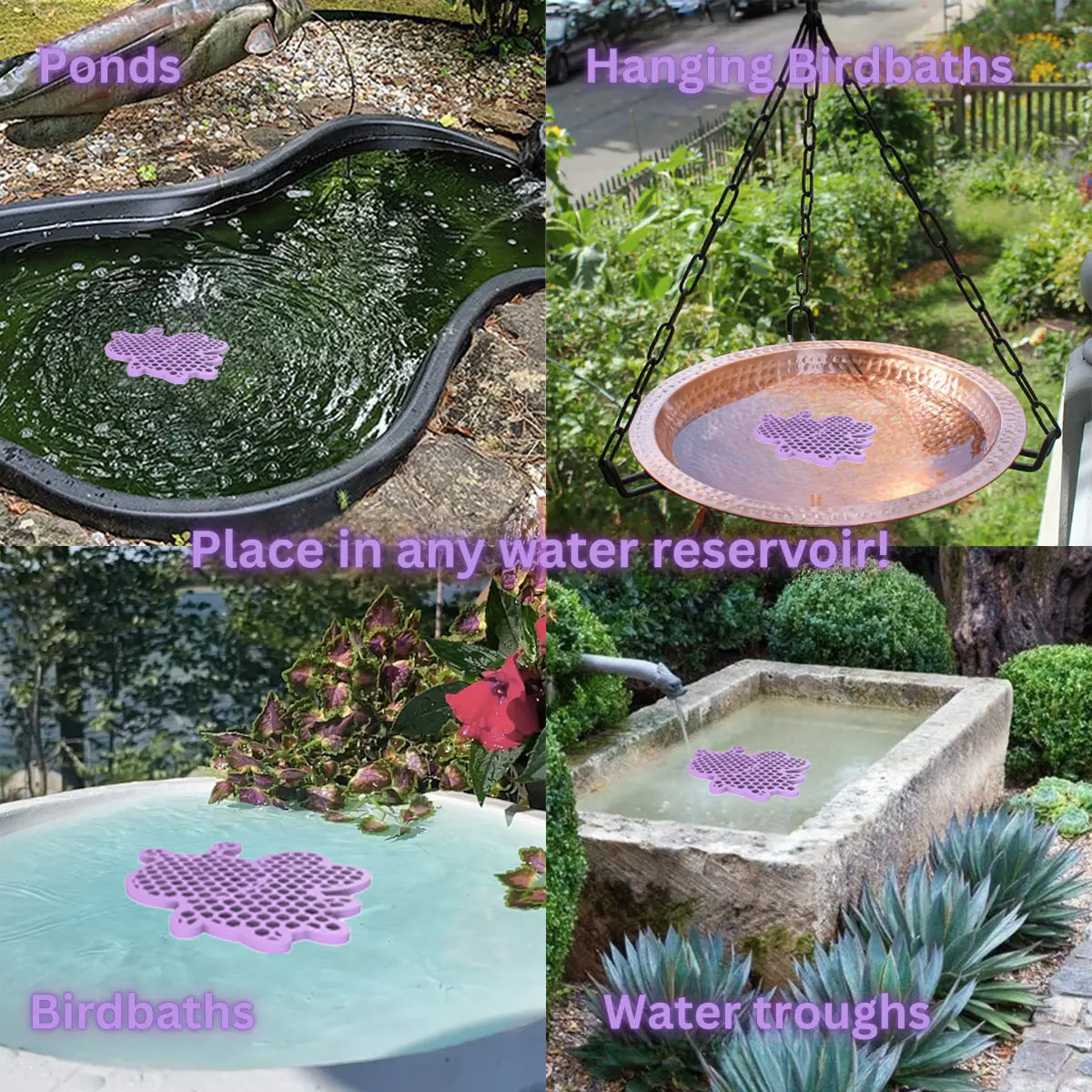 The artwork features a collage of various water reservoirs, each containing a purple honeybee-shaped bee watering station, along with text labels.