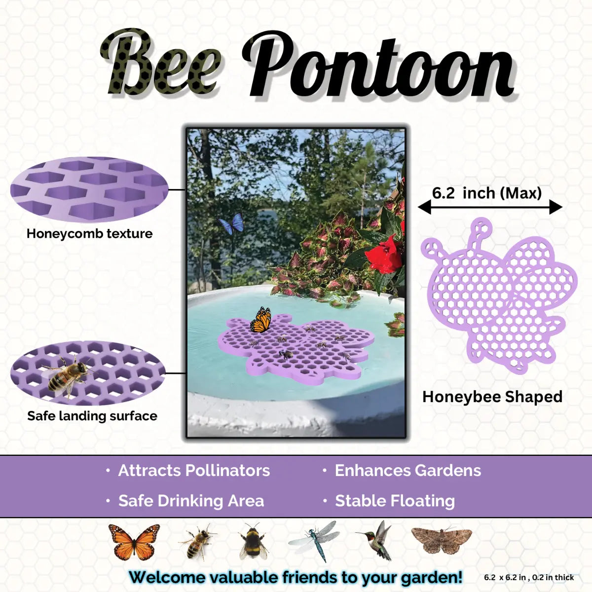 A purple Bee Pontoon product with honeycomb texture, safe landing surface, and honeybee shape on a white background.
