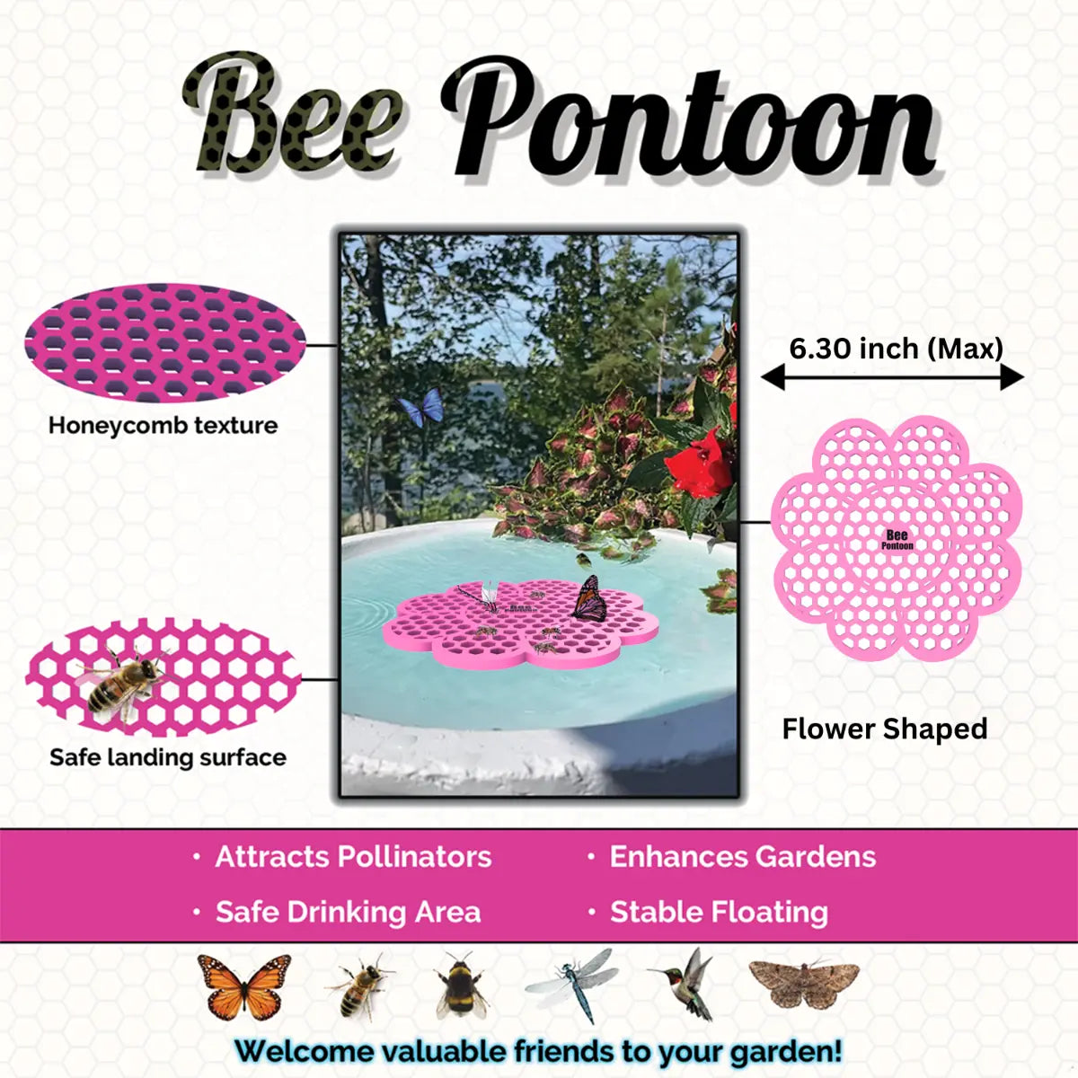An orange flower-shaped Bee Pontoon product with features and benefits on a white background